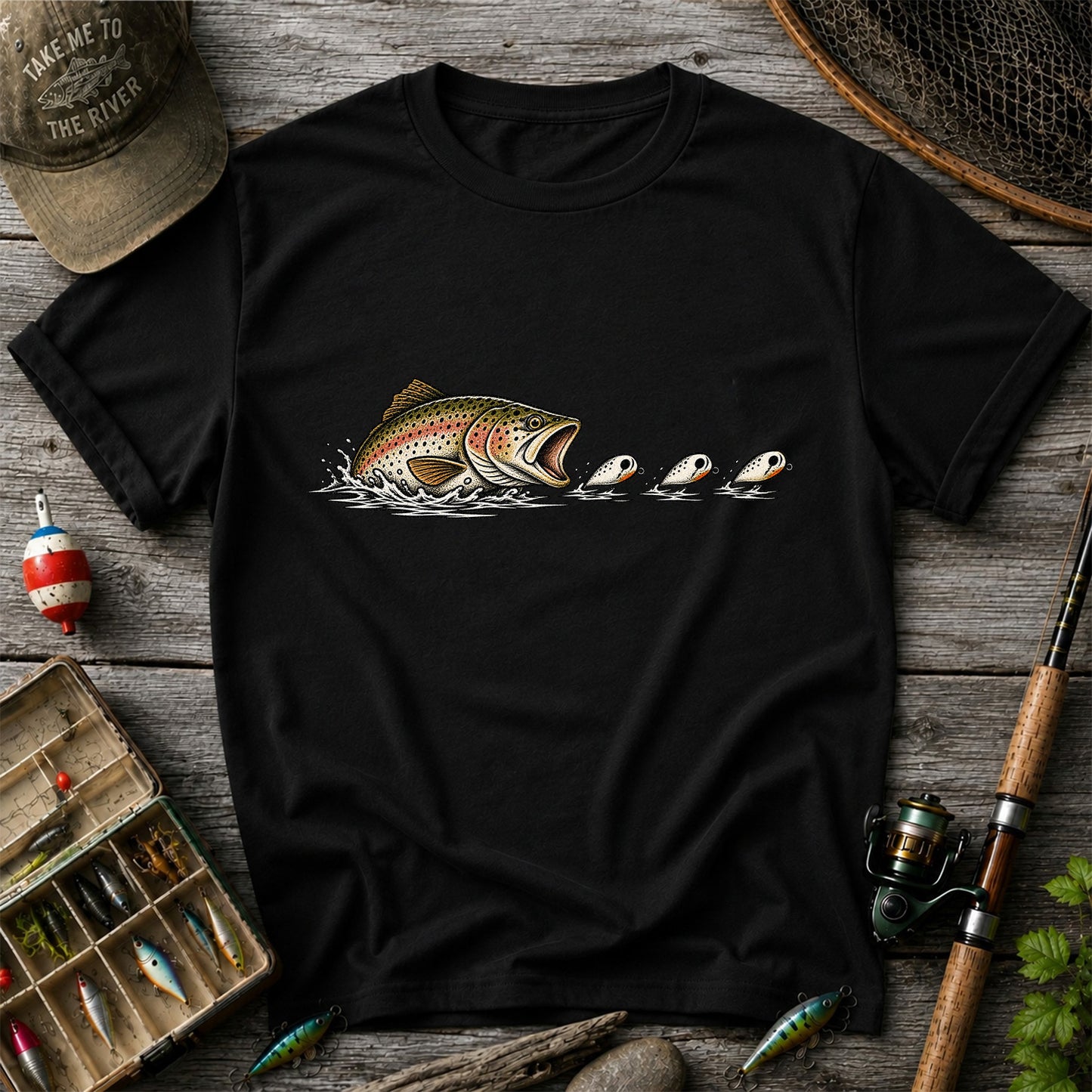 Brown Trout Chasing Fishing Lures Hand-Drawn Graphic T-Shirt