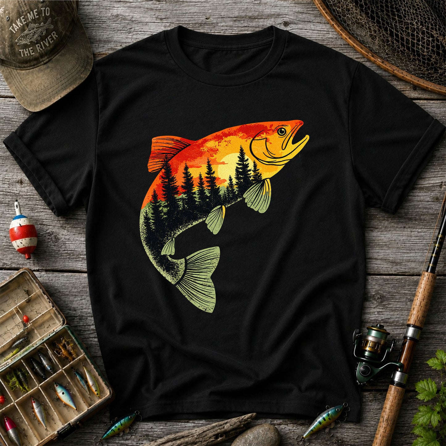 Sunset Forest Trout Fishing Graphic T-Shirt