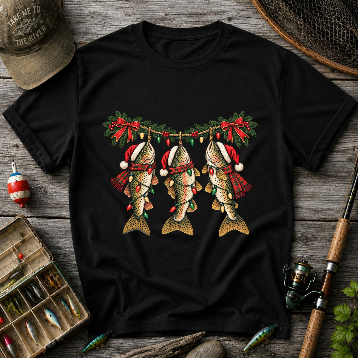 Festive Trout String Lights Christmas Fishing T-Shirt