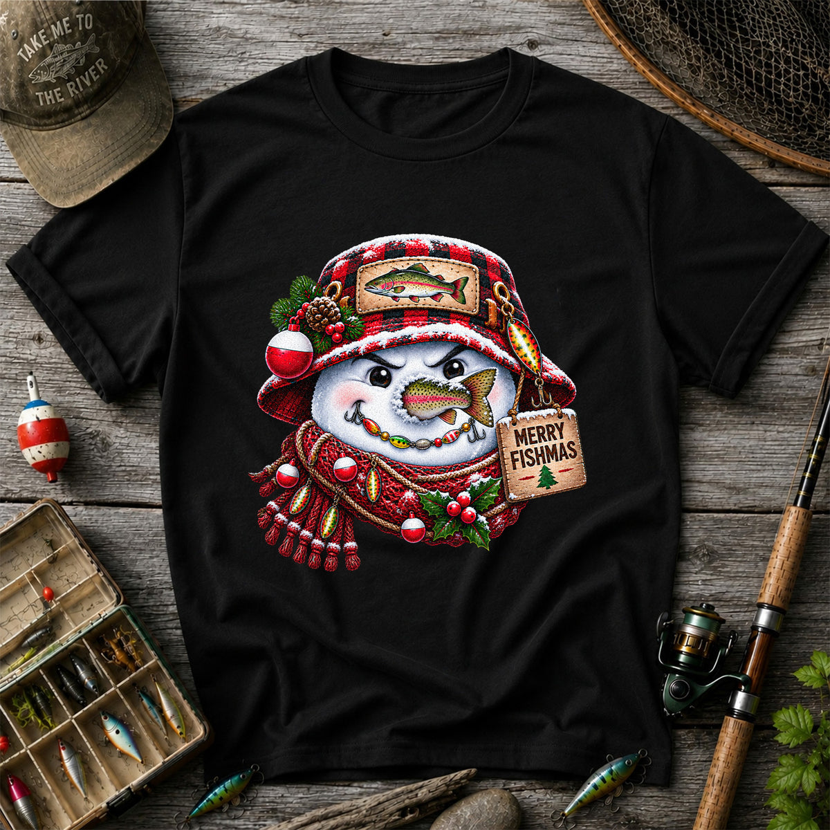 Merry Fishmas Snowman with Rainbow Trout Christmas Fishing T-Shirt