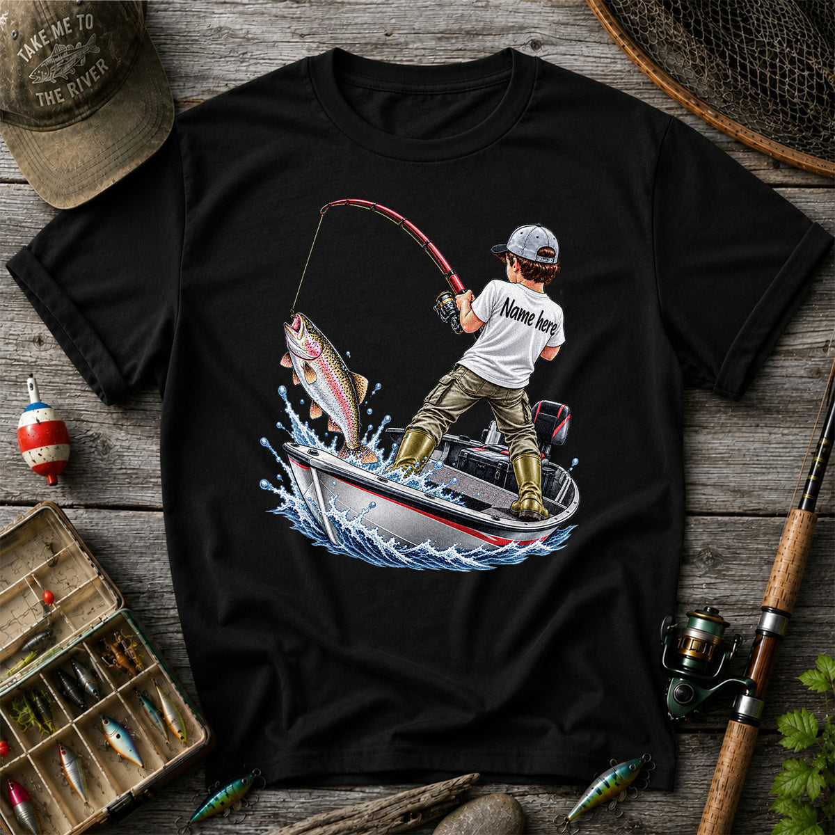 Personalized Boy Fishing Boat and Rainbow Trout Graphic T-Shirt