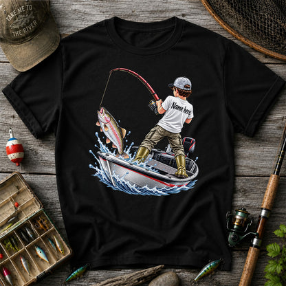 Personalized Boy Fishing Boat and Rainbow Trout Graphic T-Shirt