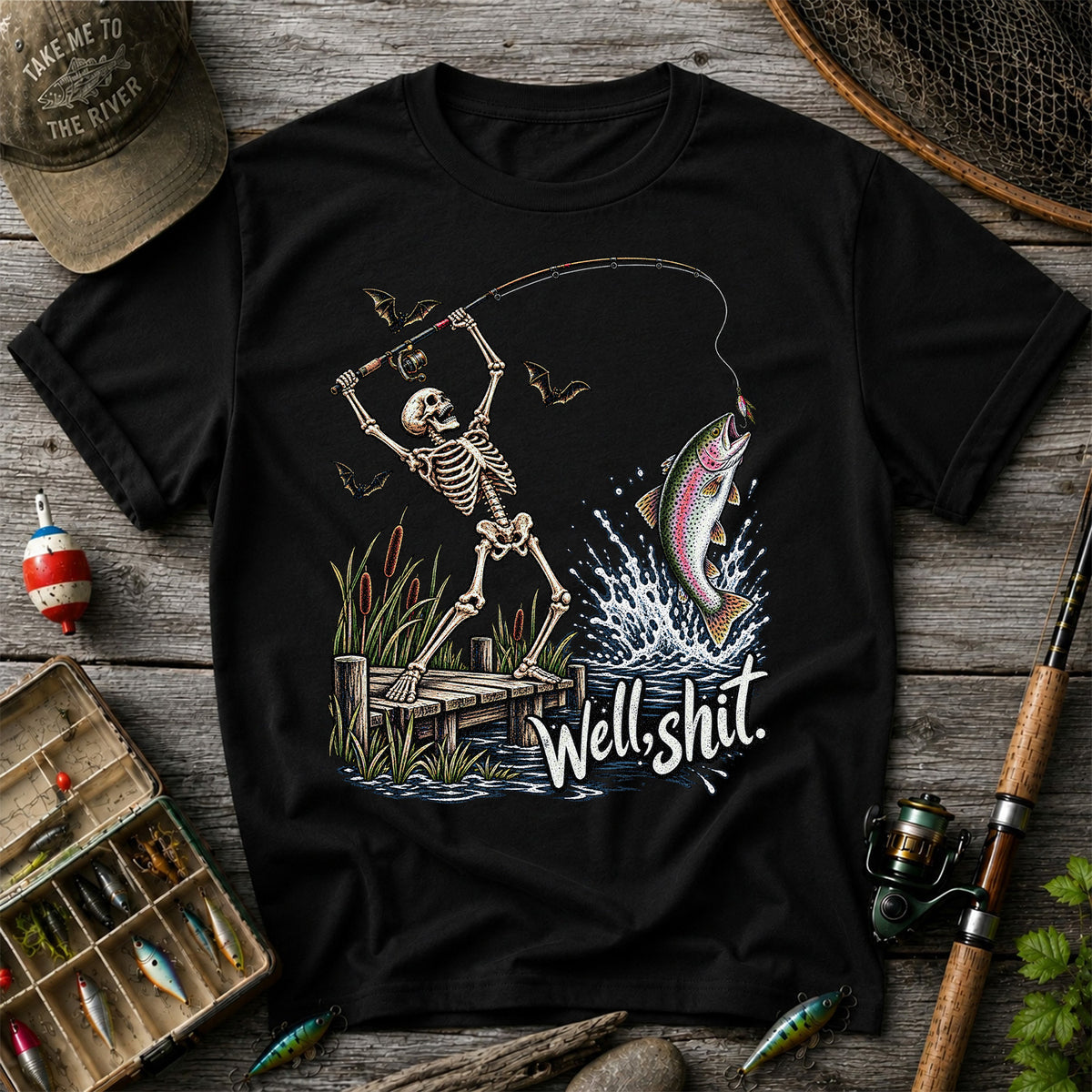 Well Shit Skeleton Catching a Rainbow Trout Funny Fishing T-Shirt