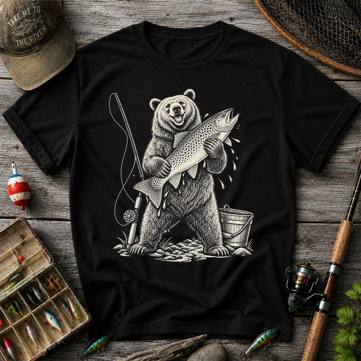 Bear Holding Trout Fishing Graphic T-Shirt