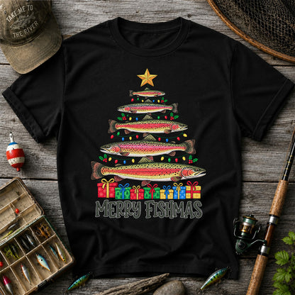 Rainbow Trout Christmas Tree Fishing Graphic T-Shirt