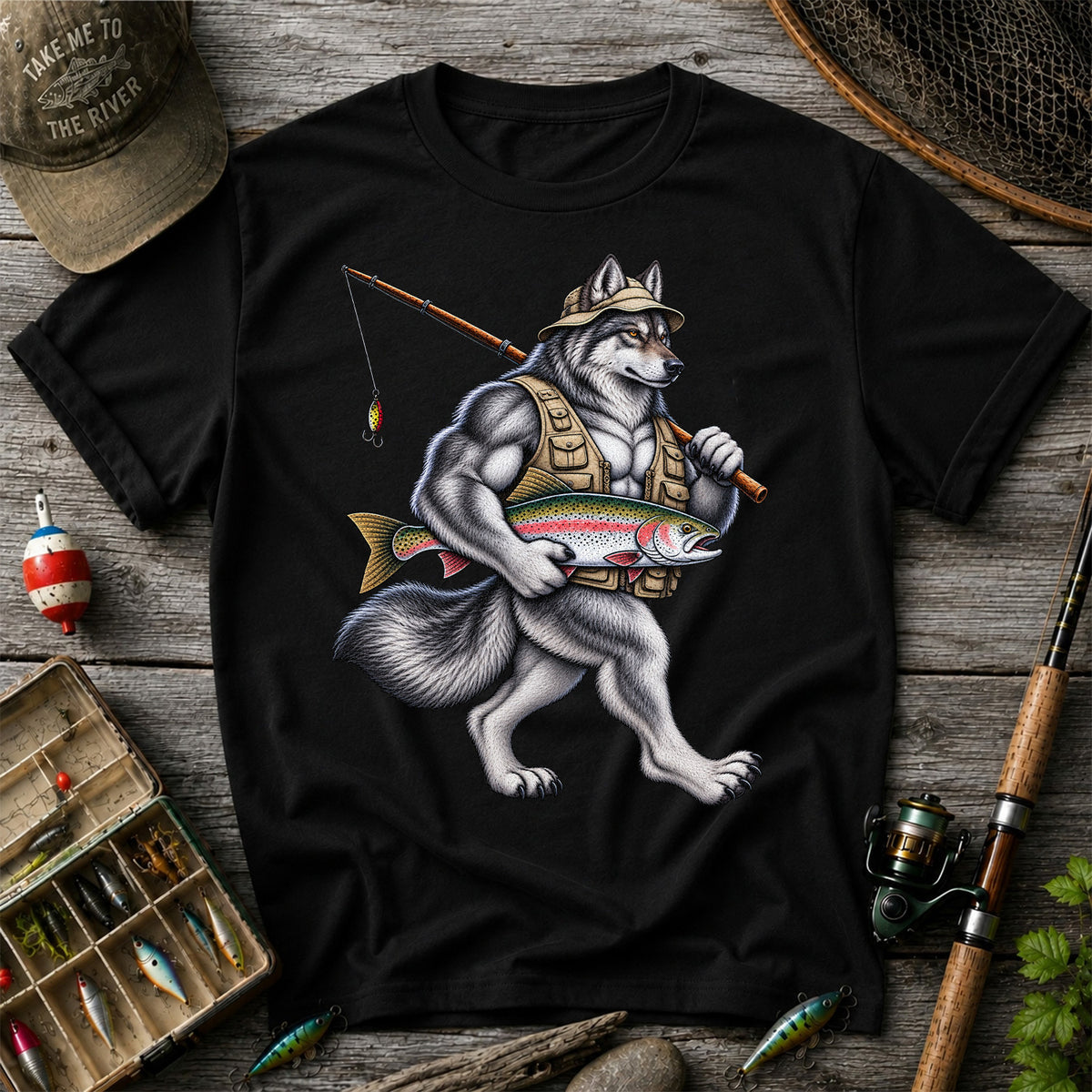 Wolf Angler Holding Rainbow Trout Fishing Graphic T-Shirt