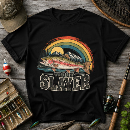 Trout Slayer Rainbow Trout Mountain Fishing Graphic T-Shirt