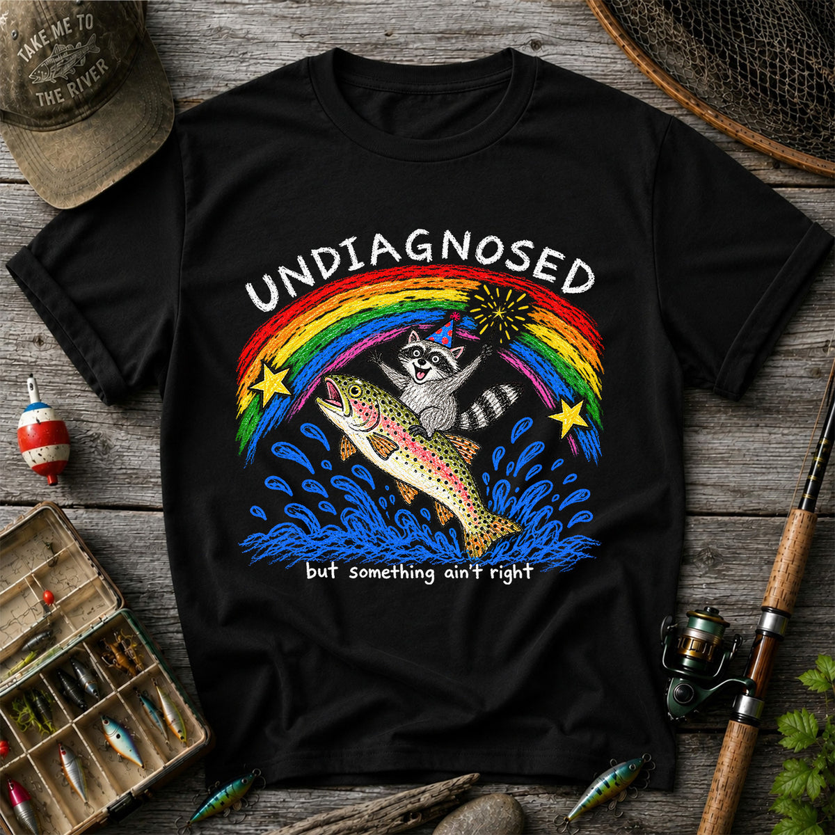 Undiagnosed But Something Ain't Right Raccoon Riding Trout T-Shirt