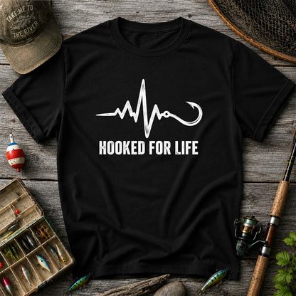 Hooked for Life Fishing Hook Heartbeat Graphic T-Shirt