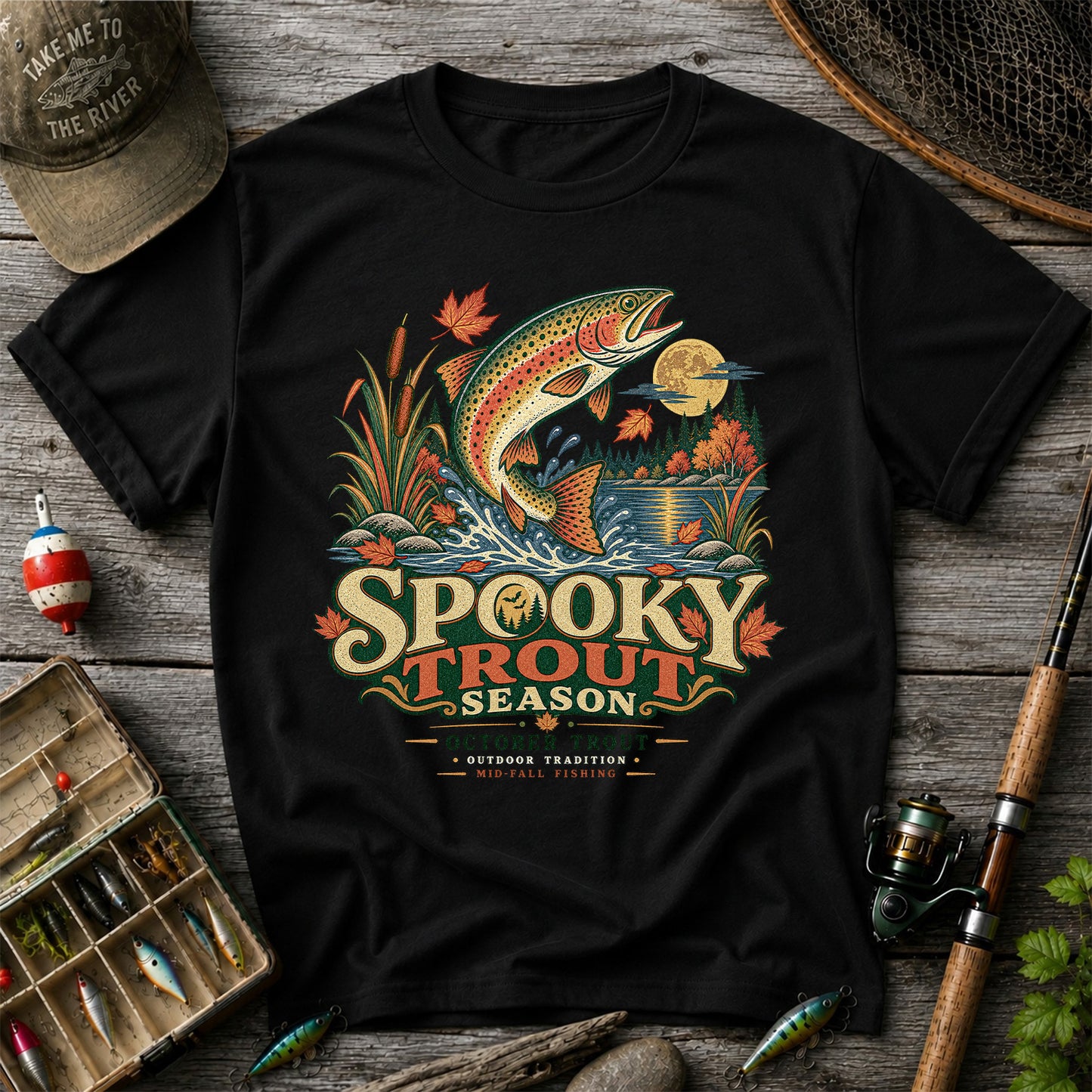 Spooky Trout Season Mid-Fall Fishing Graphic T-Shirt