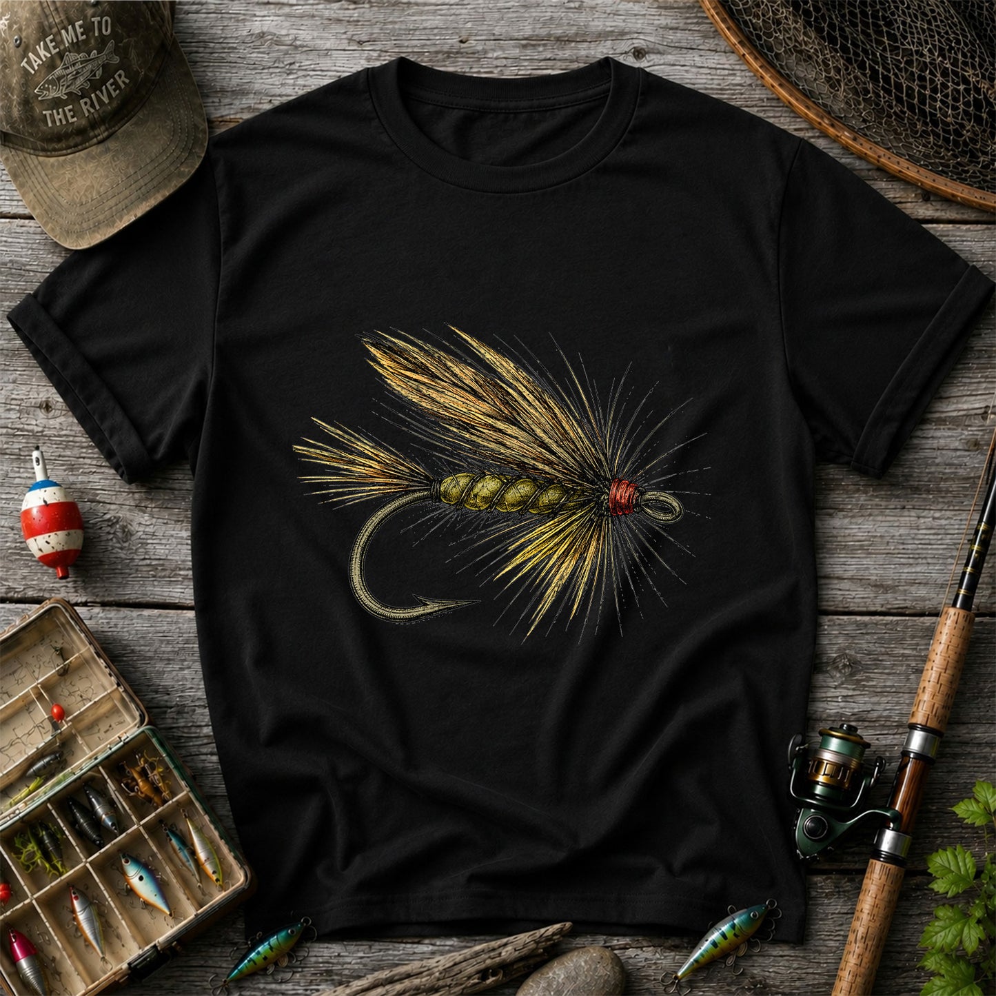 Vintage Fly Fishing Lure and Hook Graphic T-Shirt