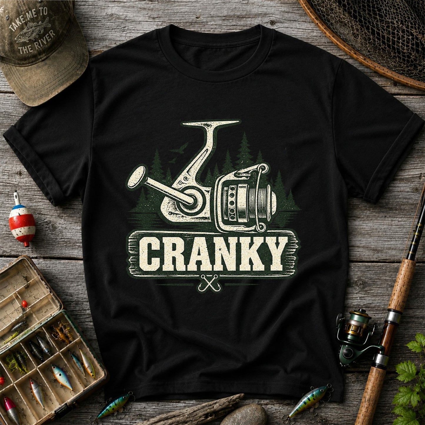 Cranky Vintage Spinning Reel Fishing Graphic T-Shirt