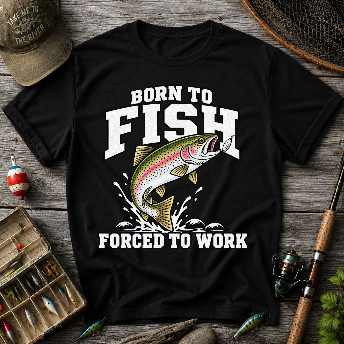 Born to Fish Forced to Work Rainbow Trout Fishing T-Shirt