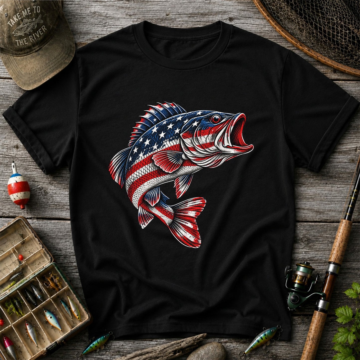 American Flag Largemouth Bass Patriotic Fishing Graphic T-Shirt