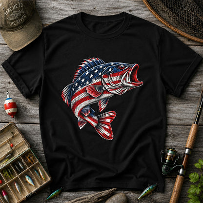 American Flag Largemouth Bass Patriotic Fishing Graphic T-Shirt