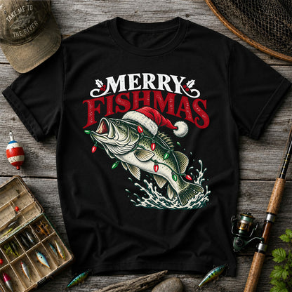Christmas Bass Fishing Graphic T-Shirt with Santa Hat