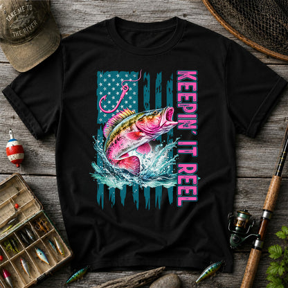 Keepin' It Reel Bass Fishing American Flag Graphic T-Shirt