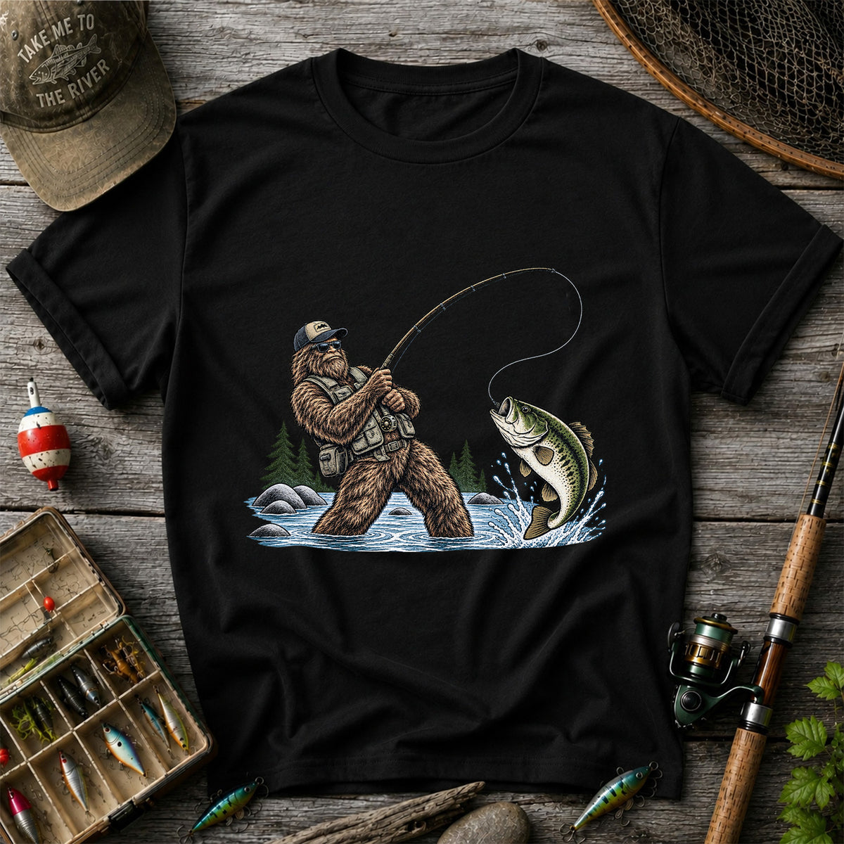 Bear Catching Bass Fishing Graphic T-Shirt