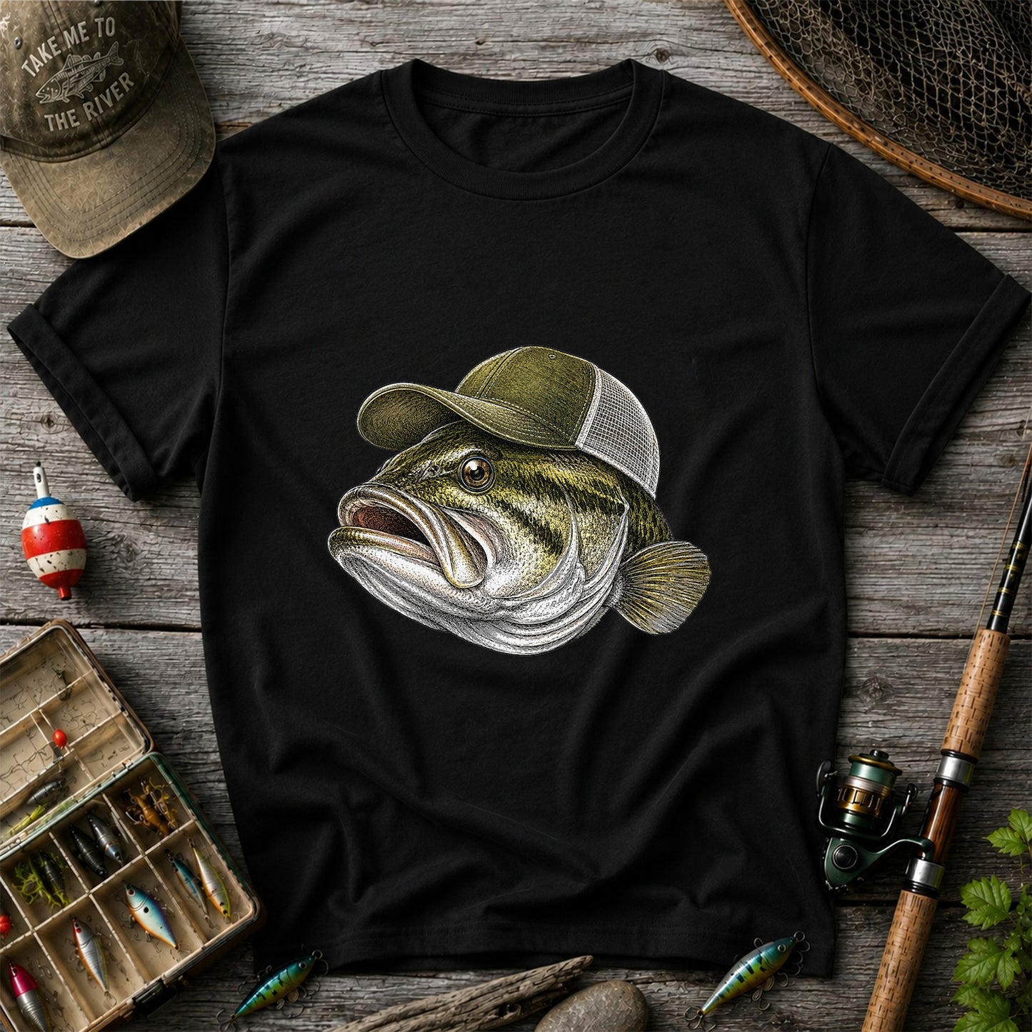 Bass Wearing Trucker Hat Fishing Graphic T-Shirt