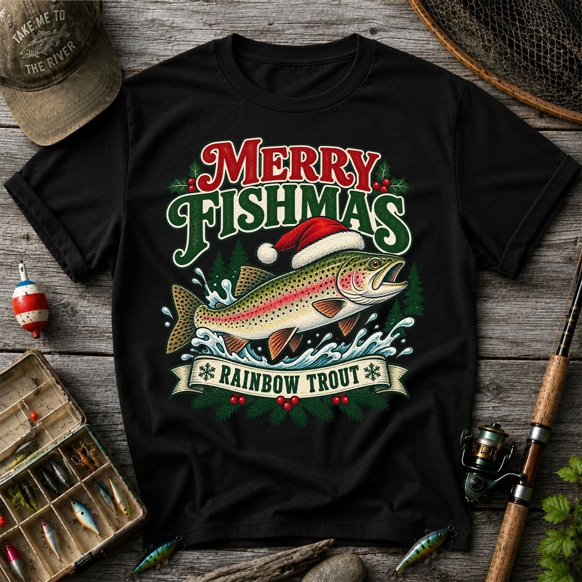 Merry Fishmas Rainbow Trout in Santa Hat Christmas Fishing T-Shirt
