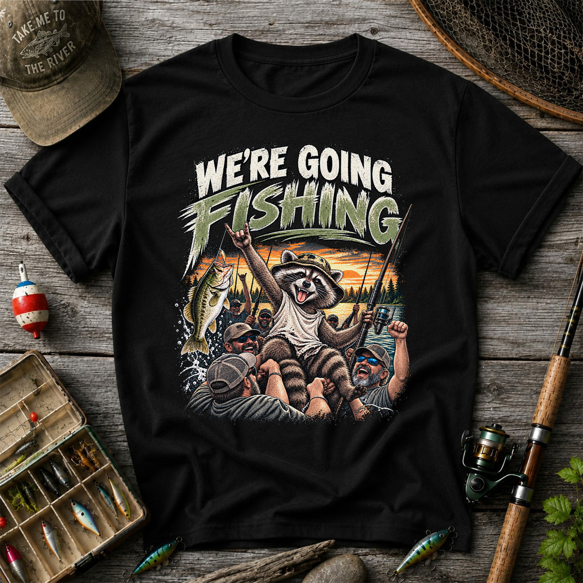 We're Going Fishing Raccoon Outdoor Fishing Graphic T-Shirt