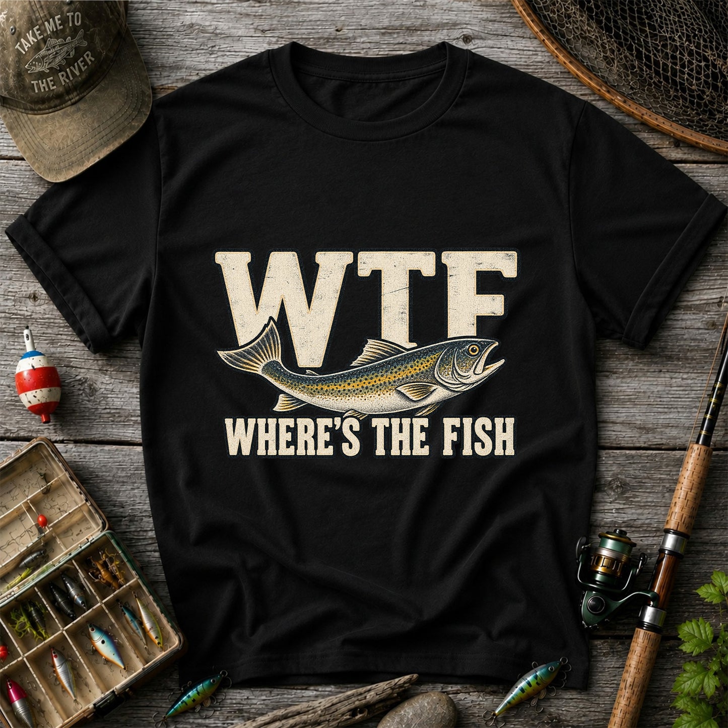 WTF Where’s the Fish Funny Fishing Graphic T-Shirt