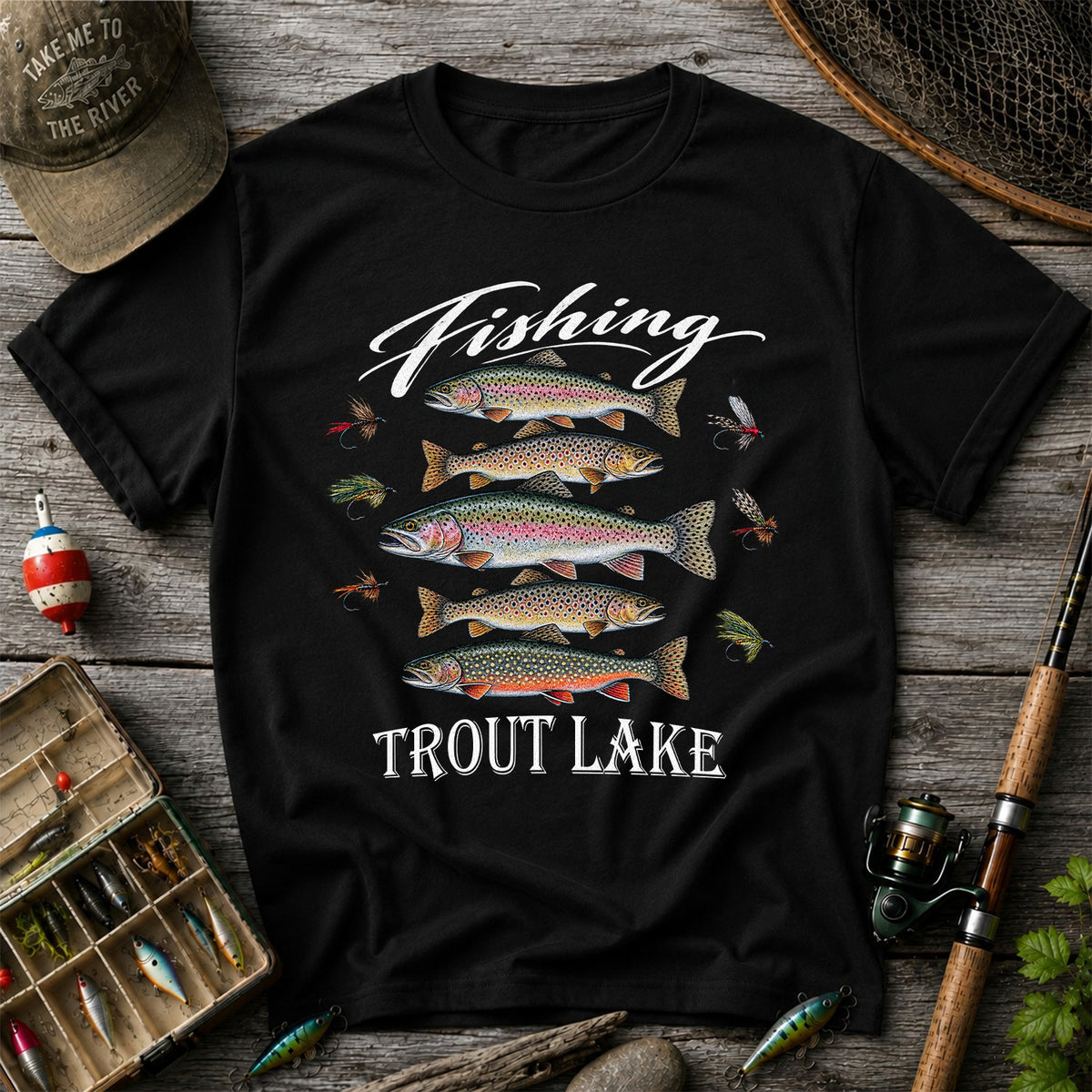 Fishing Trout Lake Vintage Trout and Flies Graphic T-Shirt