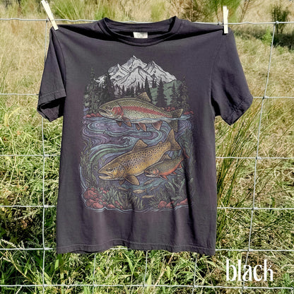 Retro Trout Fishing Mountain River Graphic Tee