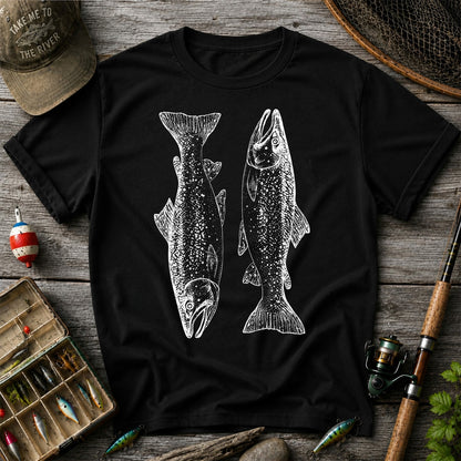 Two Salmon Vintage Line Art Fishing Graphic T-Shirt