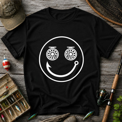 Fishing Reel Eyes Smiley Face Minimalist Graphic T-Shirt