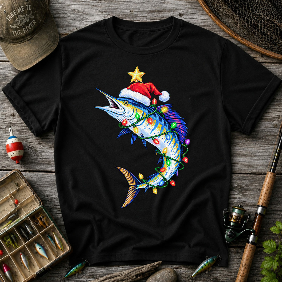Christmas Marlin Wrapped in Lights Fishing T-Shirt