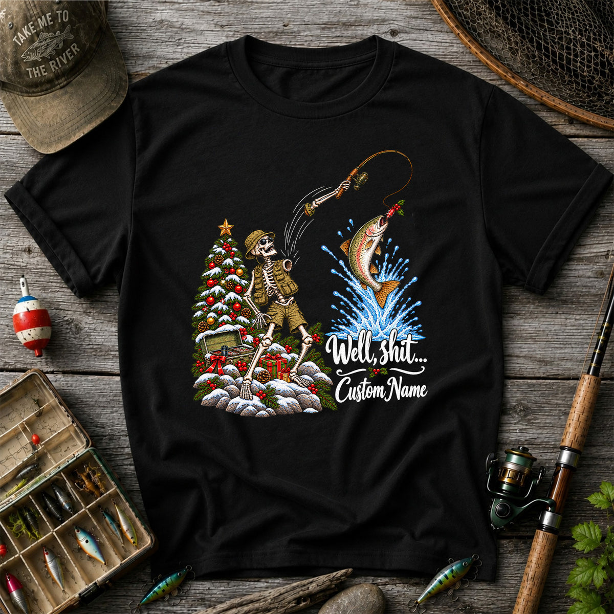 Skeleton Angler Christmas Fishing Personalized Graphic T-Shirt