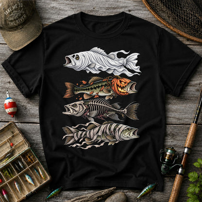 Halloween Bass Ghost Pumpkin Skeleton and Mummy Fish Graphic T-Shirt