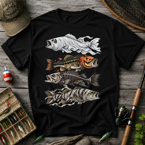 Halloween Bass Ghost Pumpkin Skeleton and Mummy Fish Graphic T-Shirt
