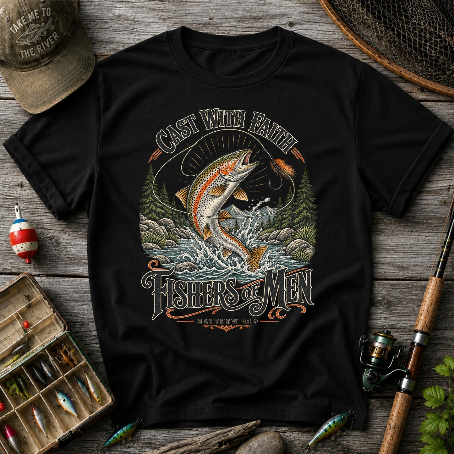 Cast with Faith Fishers of Men Matthew 4:19 Trout Fishing T-Shirt