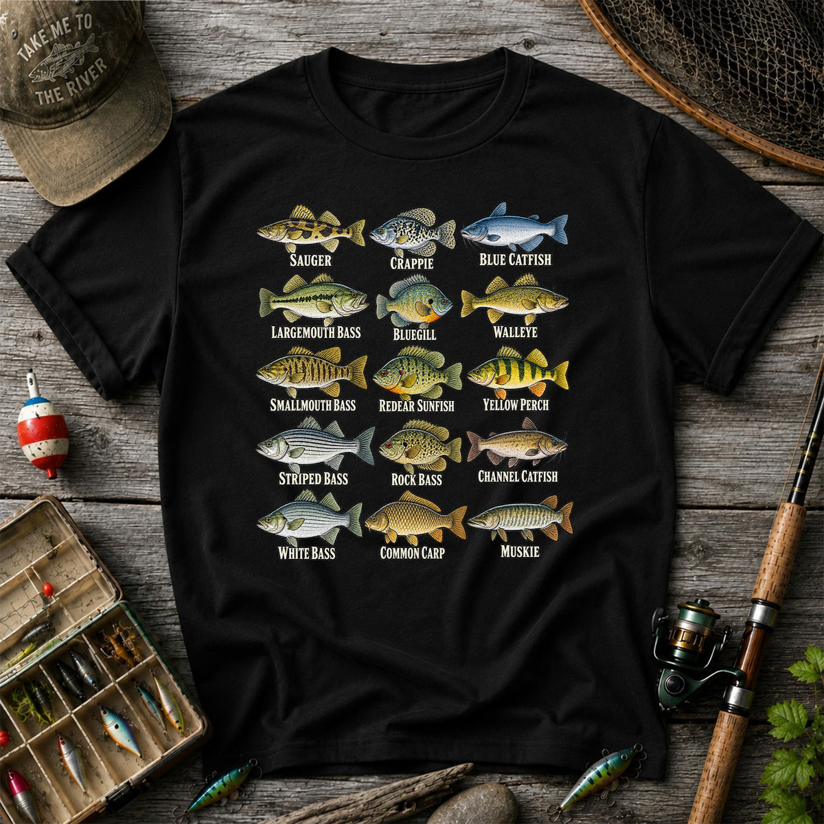 Bass Crappie and Catfish Freshwater Fish Chart Graphic T-Shirt