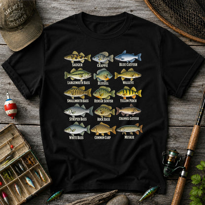 Bass Crappie and Catfish Freshwater Fish Chart Graphic T-Shirt