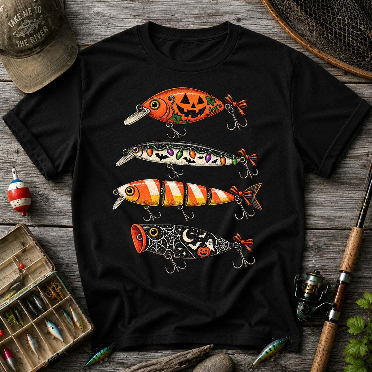 Halloween Fishing Lures with Pumpkin, Ghost and Candy Corn Graphic T-Shirt