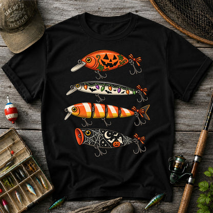 Halloween Fishing Lures with Pumpkin, Ghost and Candy Corn Graphic T-Shirt