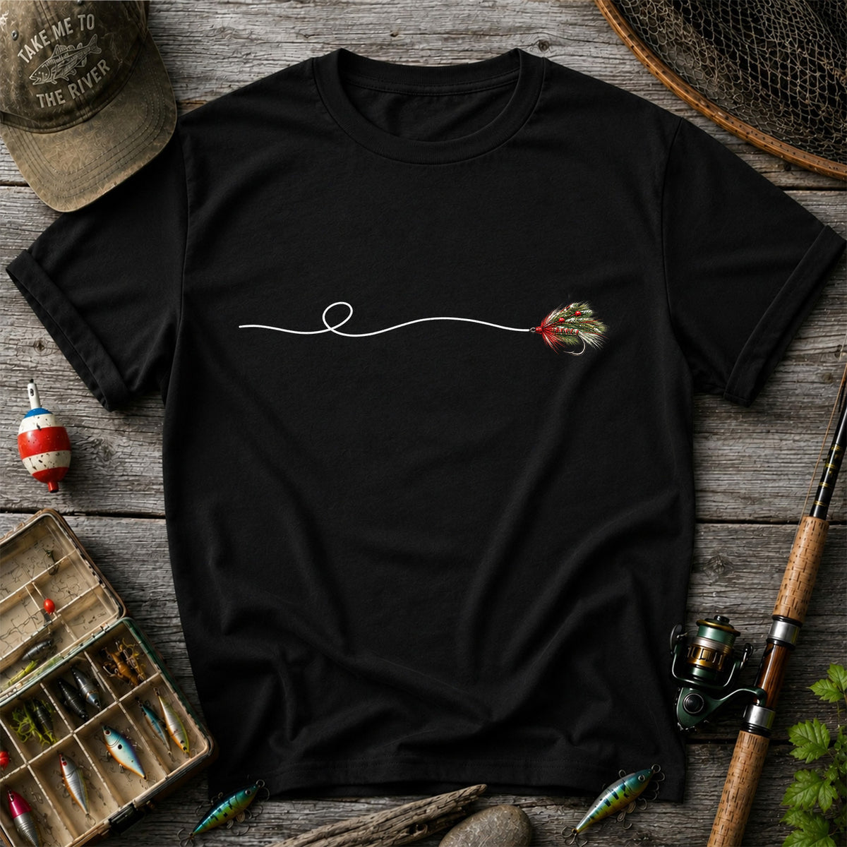 Festive Fly Fishing Lure and Line Graphic T-Shirt