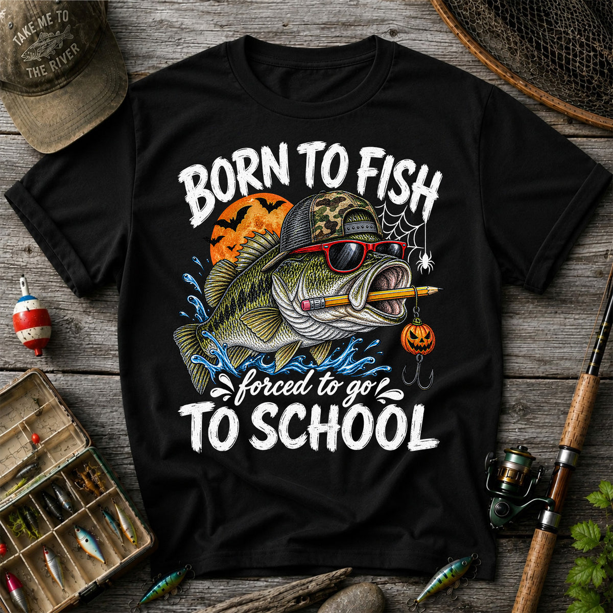 Born to Fish Forced to Go to School Halloween Bass Fishing T-Shirt