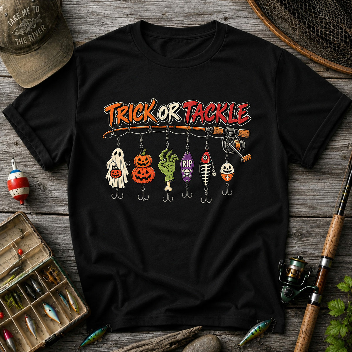 Trick or Tackle Halloween Ghost and Pumpkin Fishing Lures T-Shirt