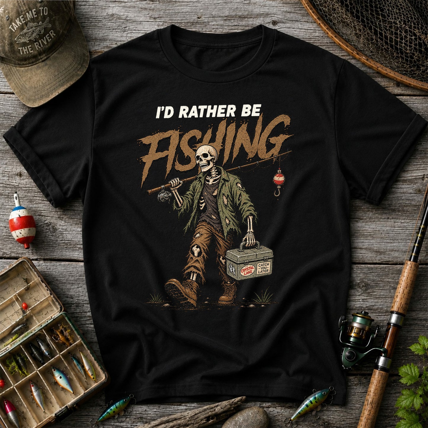I'd Rather Be Fishing Skeleton Angler Graphic T-Shirt