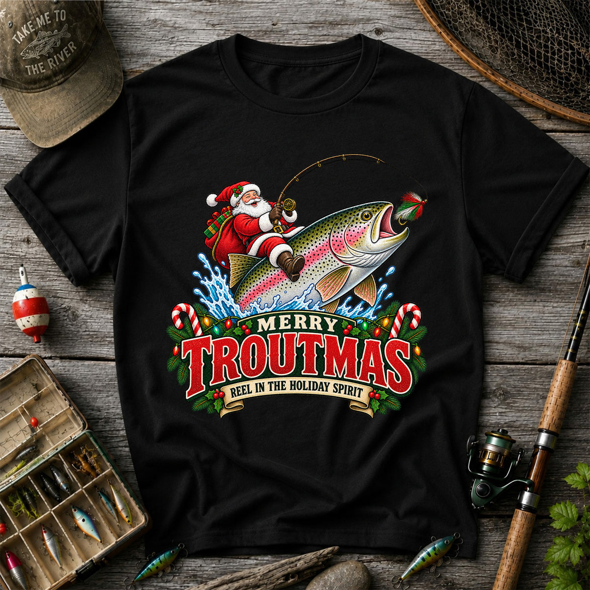 Merry Troutmas Reel in the Holiday Spirit Santa Riding Rainbow Trout Christmas Fishing T-Shirt