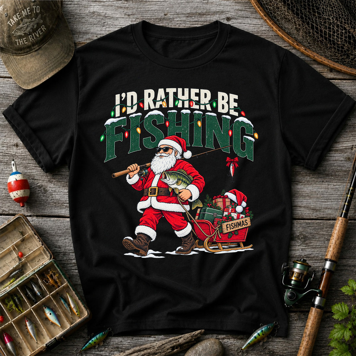 Santa Fishing with Bass Christmas Graphic T-Shirt
