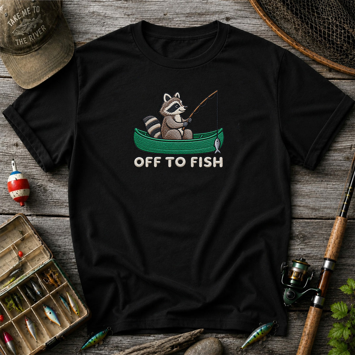 Off to Fish Raccoon in a Canoe Funny Fishing Graphic T-Shirt