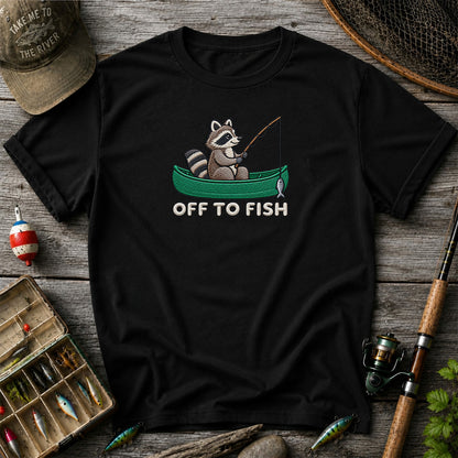 Off to Fish Raccoon in a Canoe Funny Fishing Graphic T-Shirt