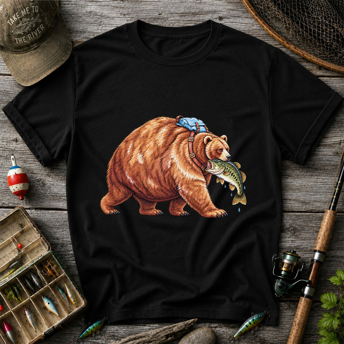 Bear Carrying Bass Fishing Wildlife Graphic T-Shirt