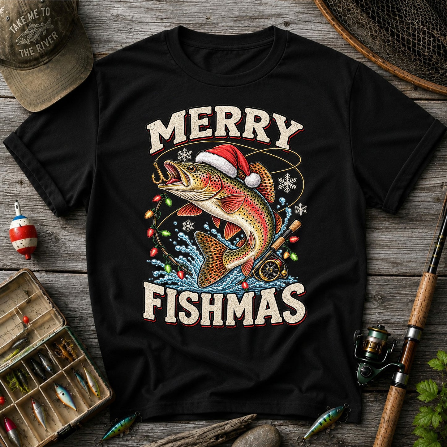 Merry Fishmas Santa Hat Rainbow Trout Fishing T-Shirt