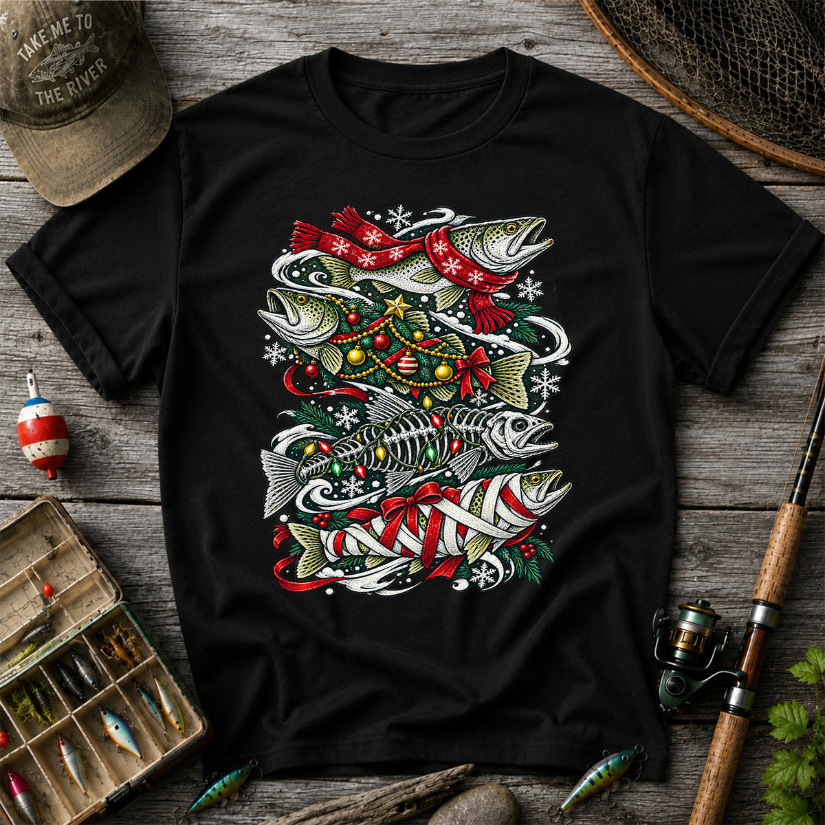 Christmas Trout and Fish Skeleton Holiday Fishing T-Shirt